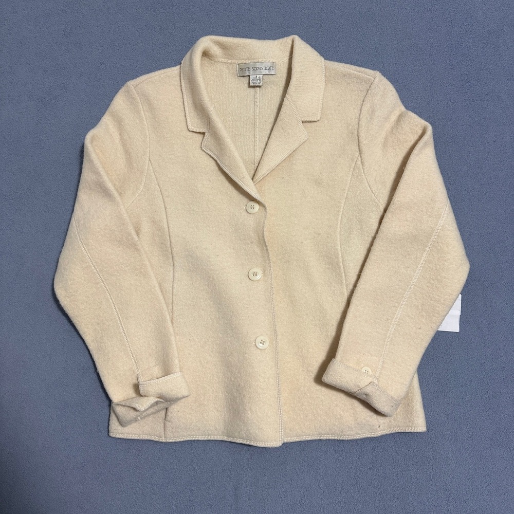 Petite Sophisticate Wool Blazer Button Front Classic Style Cream Womens Size S